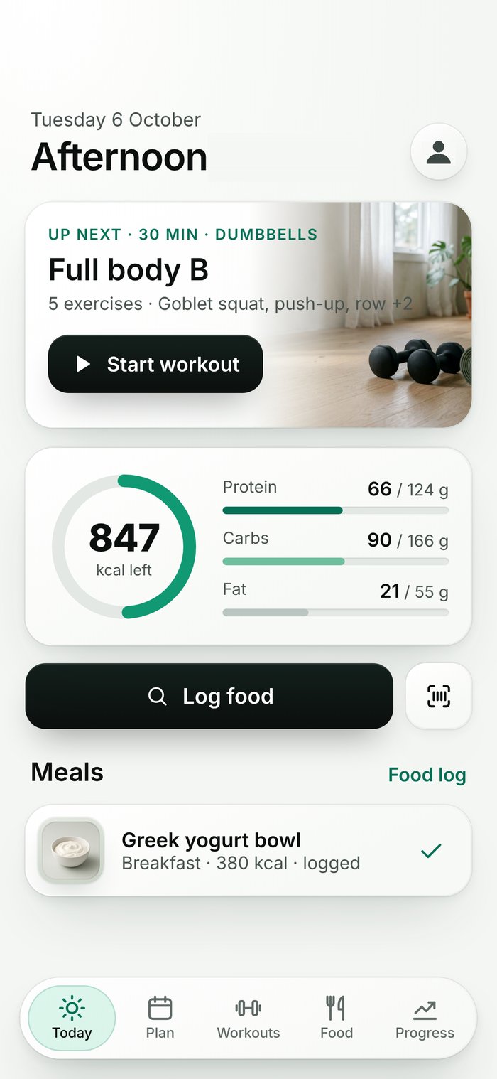 The Vhet app showing today's workout and remaining calories