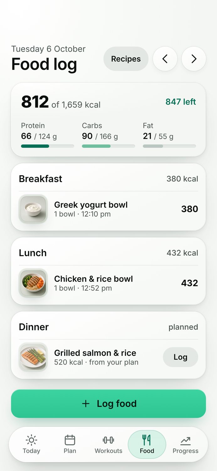 Vhet food log screen showing calories and macros for the day