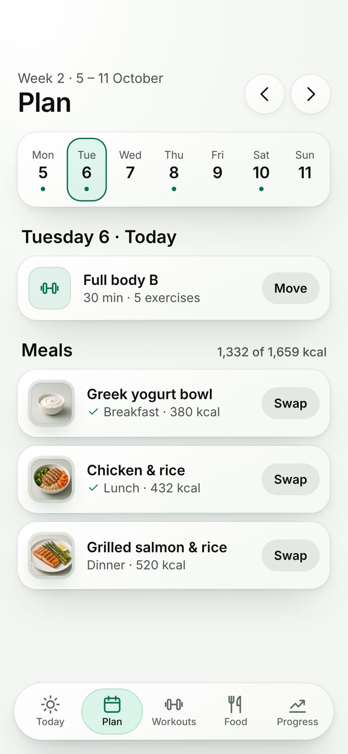 Vhet plan screen showing this week's workouts and meals